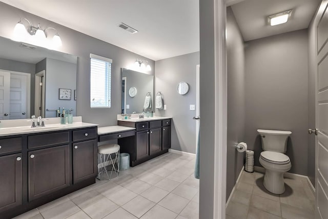 bathroom with toilet, tile patterned floors, and vanity