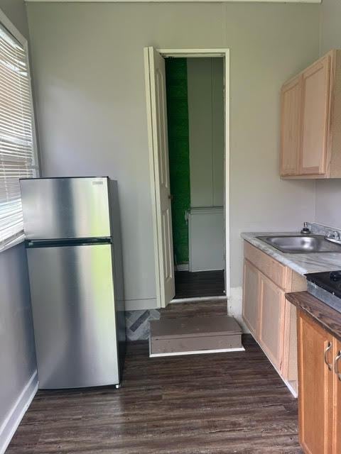 kitchen featuring light brown cabinetry, stainless steel refrigerator, sink, and dark wood-type flooring