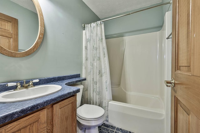 full bathroom with tile patterned flooring, a textured ceiling, toilet, shower / tub combo with curtain, and vanity