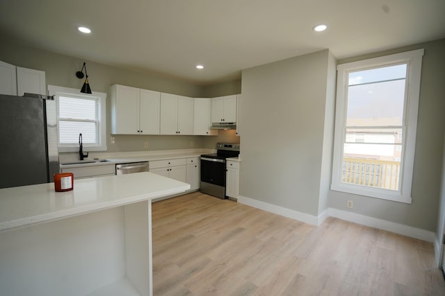 kitchen with kitchen peninsula, appliances with stainless steel finishes, sink, light hardwood / wood-style flooring, and white cabinets