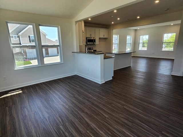 6566 Cannondale Dr, Burlington, KY 41005 - kitchen with appliances with stainless steel finishes, open floor plan, white cabinets, dark wood finished floors, and dark countertops