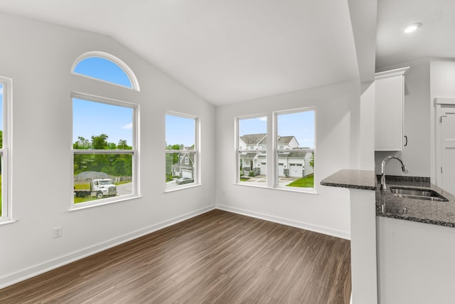 6566 Cannondale Dr, Burlington, KY 41005 - unfurnished dining area with a sink, lofted ceiling, wood finished floors, plenty of natural light, and baseboards