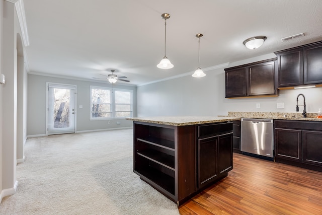 4212 Country Mill Rdg, Burlington, KY 41005 - kitchen with dark brown cabinetry, ceiling fan, sink, hanging light fixtures, and stainless steel dishwasher