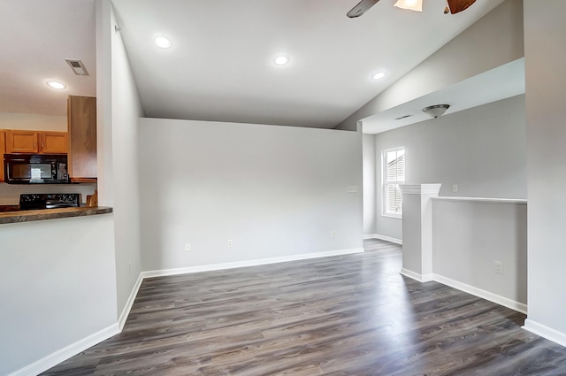 unfurnished living room with dark hardwood / wood-style floors, ceiling fan, and lofted ceiling