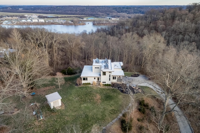 bird's eye view with a water view