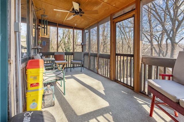 sunroom featuring ceiling fan and wood ceiling