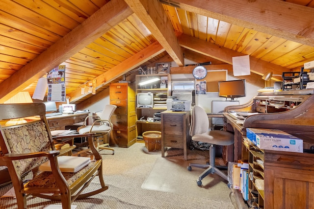 office space with vaulted ceiling with beams, wooden ceiling, and carpet flooring