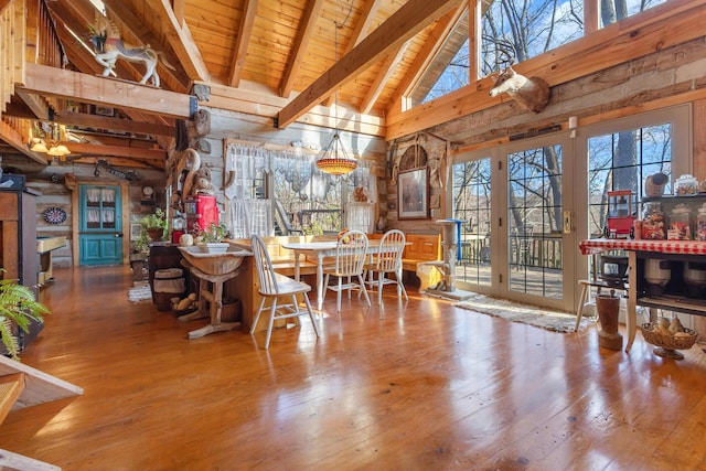 dining room featuring high vaulted ceiling, wood ceiling, wood-type flooring, and beam ceiling