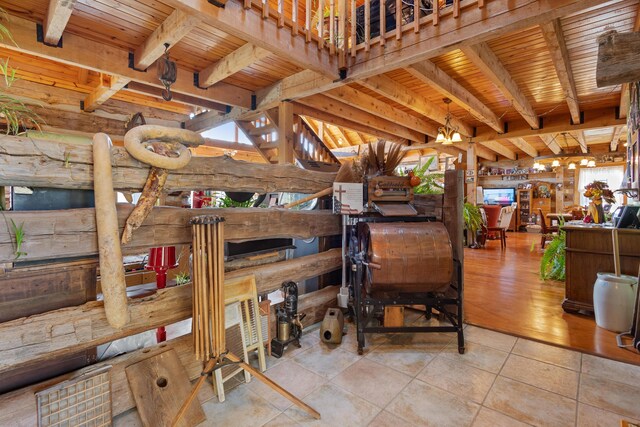 interior space featuring vaulted ceiling with beams, wooden ceiling, and tile patterned floors