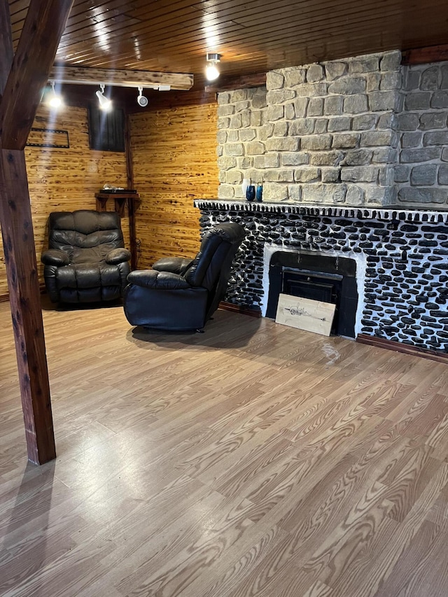 interior space featuring wood walls, wooden ceiling, and wood-type flooring