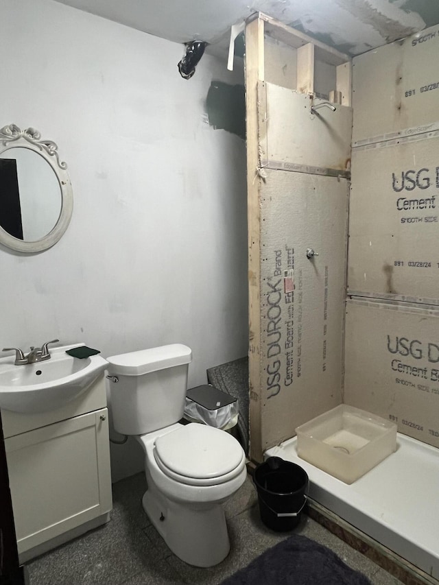 bathroom featuring a shower, vanity, and toilet