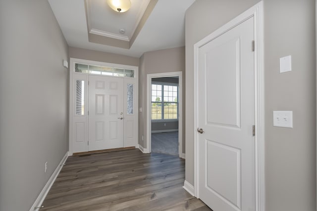 foyer with dark hardwood / wood-style flooring, a raised ceiling, and crown molding