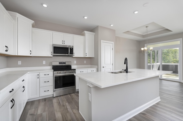 kitchen with a kitchen island with sink, a raised ceiling, sink, appliances with stainless steel finishes, and white cabinetry