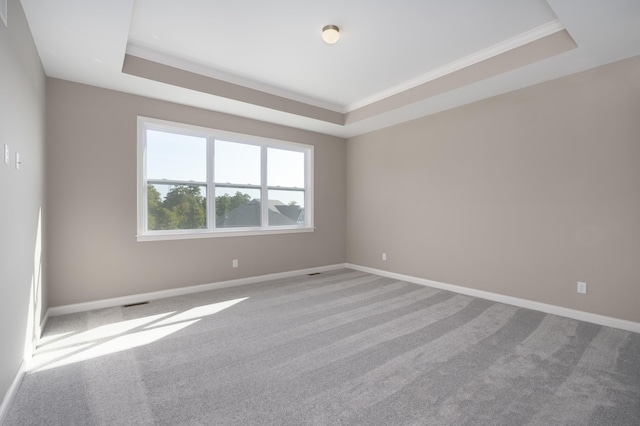 unfurnished room with carpet flooring, a tray ceiling, and crown molding