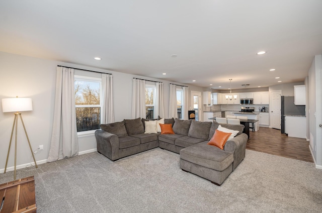 living room with light colored carpet