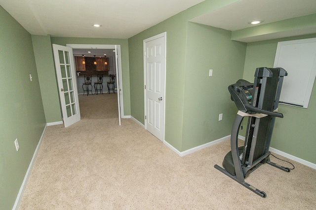 workout area featuring light colored carpet and french doors