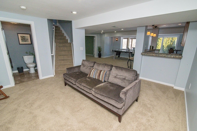 living room with light carpet