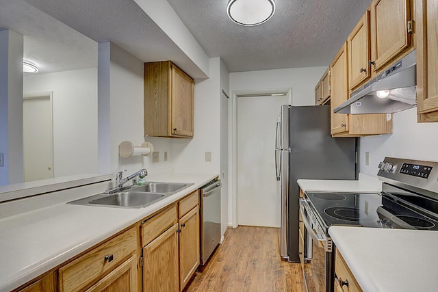 kitchen with sink, light hardwood / wood-style floors, a textured ceiling, and appliances with stainless steel finishes