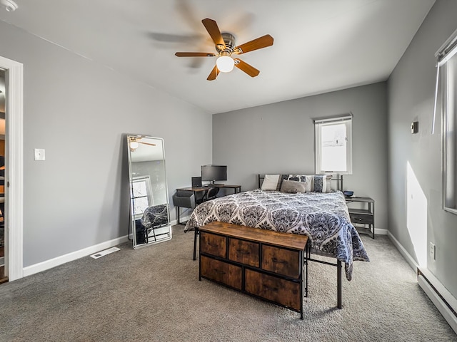 bedroom featuring carpet floors, multiple windows, a baseboard radiator, and ceiling fan