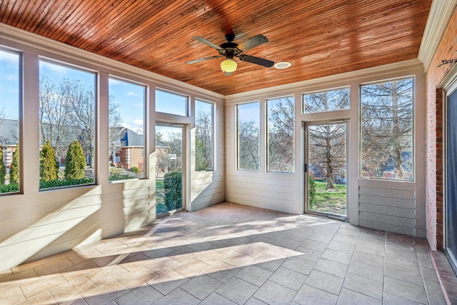 unfurnished sunroom featuring ceiling fan and wood ceiling