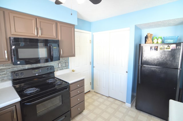 kitchen featuring ceiling fan, black appliances, and decorative backsplash