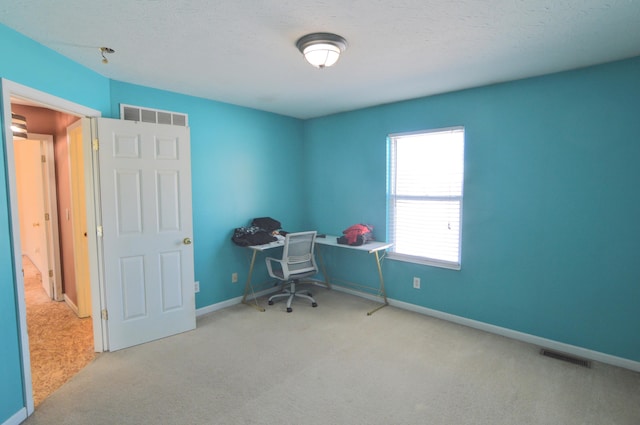 unfurnished office with light colored carpet and a textured ceiling