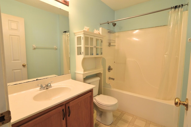 full bathroom with toilet, shower / bath combo with shower curtain, and vanity