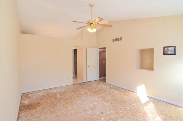 empty room featuring ceiling fan and high vaulted ceiling