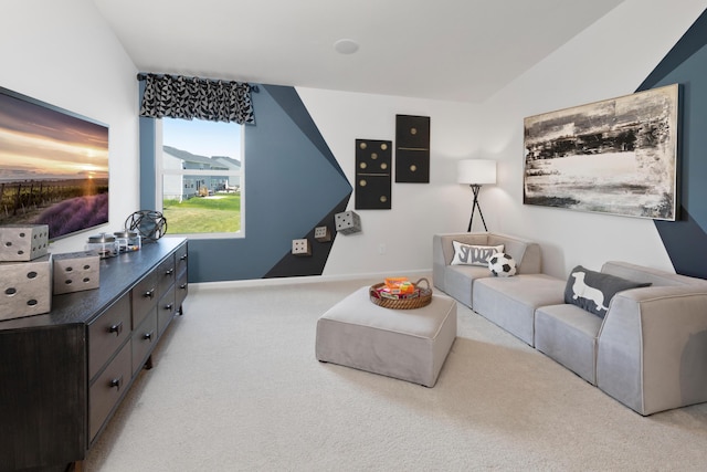 living room with light colored carpet and lofted ceiling