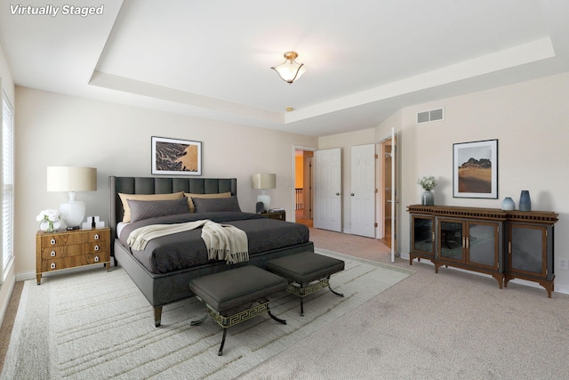 carpeted bedroom featuring a raised ceiling