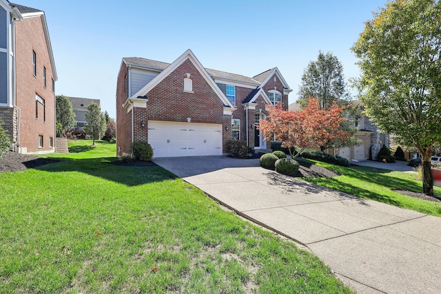 view of property featuring a front lawn and a garage