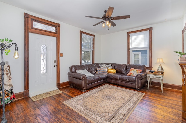 living room with ceiling fan and dark hardwood / wood-style flooring