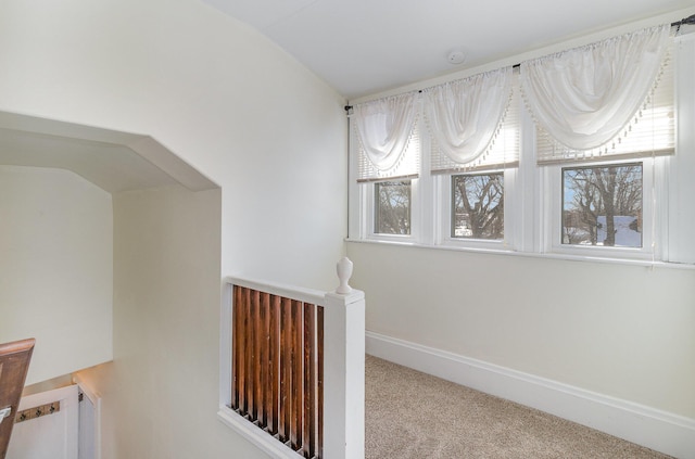 hall with lofted ceiling and carpet