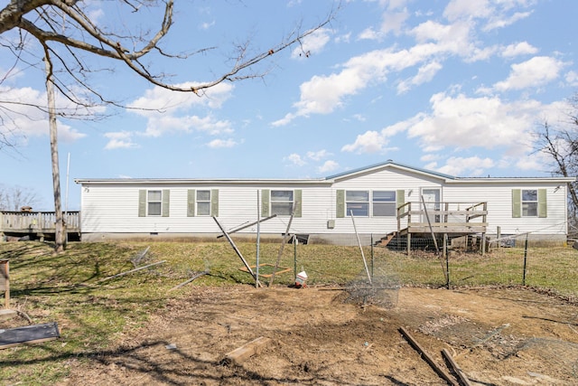 view of front of property featuring crawl space, a wooden deck, and fence