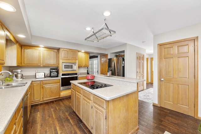 kitchen featuring dark hardwood / wood-style floors, sink, stainless steel appliances, and a kitchen island