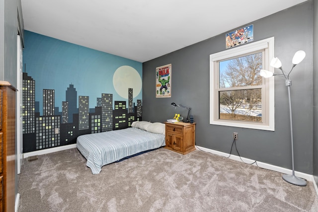 bedroom featuring light carpet