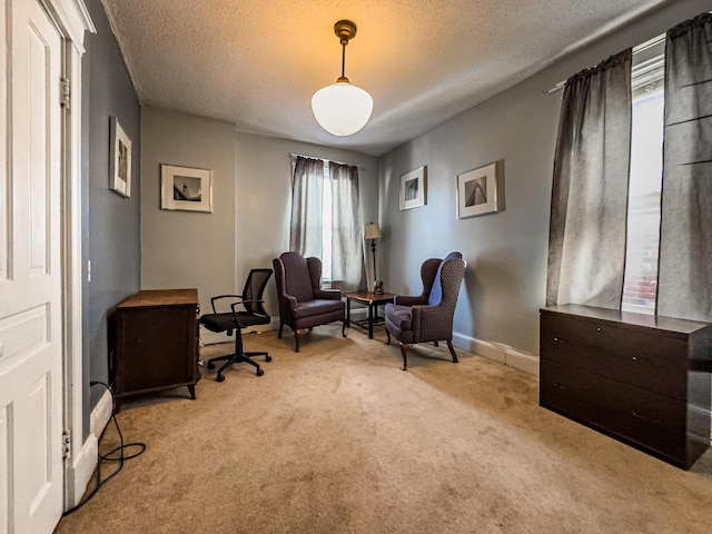 carpeted office with a healthy amount of sunlight and a textured ceiling