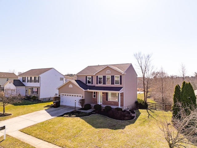 traditional home featuring brick siding, concrete driveway, a front lawn, and fence