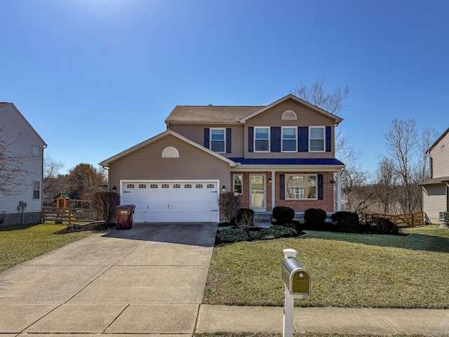 traditional-style home with brick siding, driveway, an attached garage, and a front yard