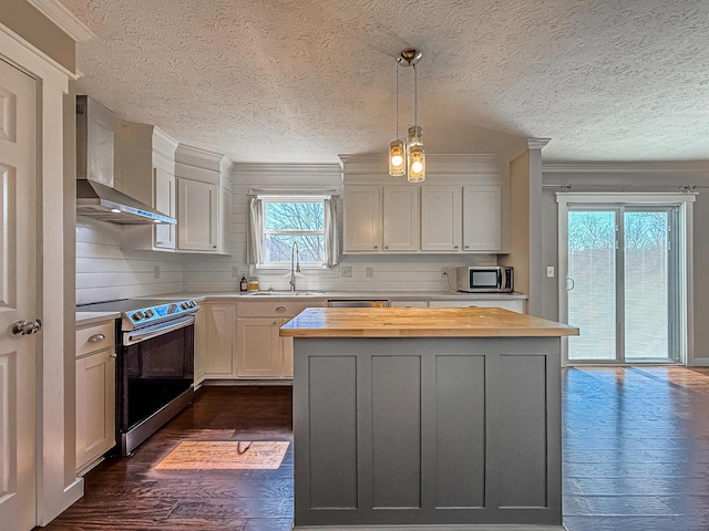 kitchen with butcher block countertops, a sink, a kitchen island, appliances with stainless steel finishes, and wall chimney range hood