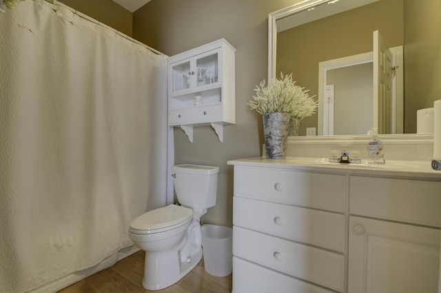 bathroom featuring toilet, vanity, and wood-type flooring