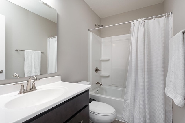 full bathroom with toilet, shower / bathtub combination with curtain, and vanity