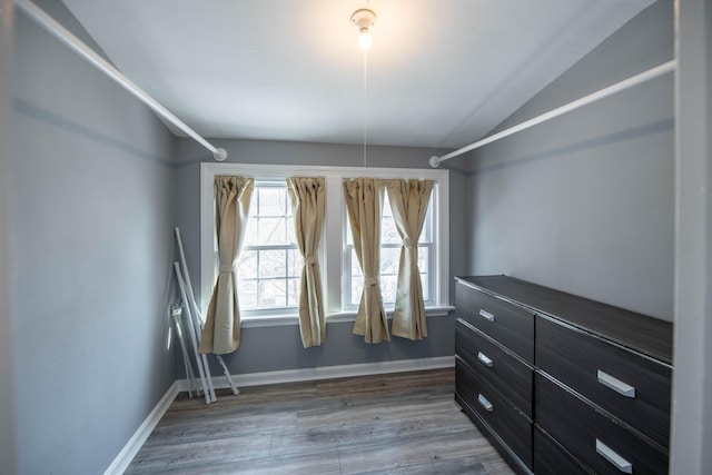 spacious closet with lofted ceiling and dark hardwood / wood-style floors