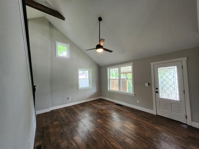 entryway with ceiling fan, vaulted ceiling, and dark hardwood / wood-style flooring