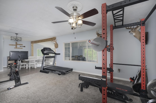 workout area featuring ceiling fan and carpet floors