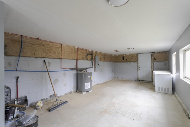 basement with electric panel and water heater