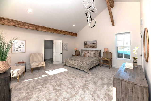 carpeted bedroom featuring high vaulted ceiling and beamed ceiling