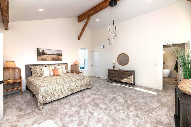 carpeted bedroom featuring ensuite bathroom, beam ceiling, and high vaulted ceiling