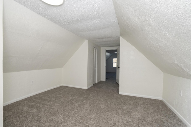 additional living space with carpet floors, vaulted ceiling, and a textured ceiling