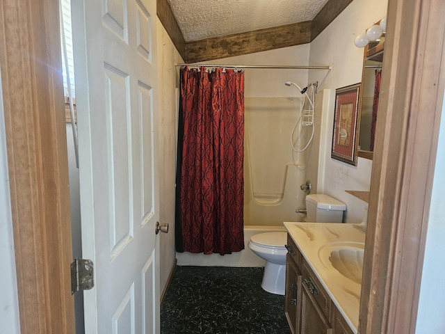 full bathroom featuring vanity, toilet, a textured ceiling, and shower / bath combo with shower curtain